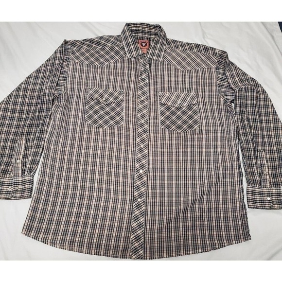 Chute 17 Plaid Western Pearl Snap Buttons Up Long Sleeve Shirt Brown Black Sz XL - Picture 2 of 5